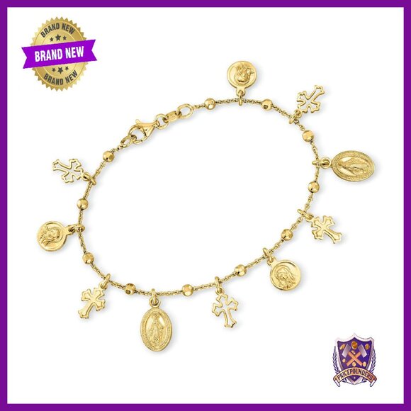 Italian 18kt Gold Over Sterling Religious Charm Bracelet 7 Inch